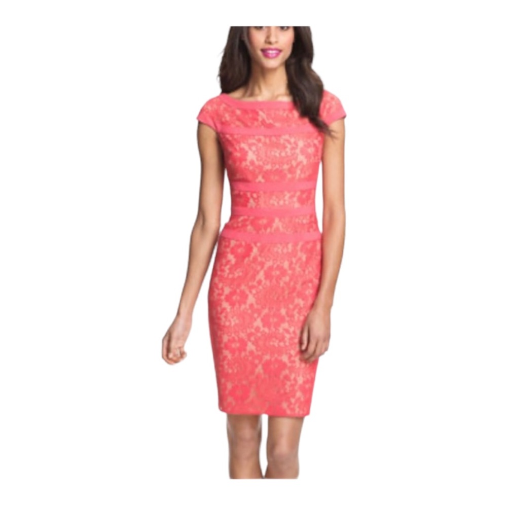 Adrianna Papell Coral Lace Illusion Sheath Dress. Size: US 2